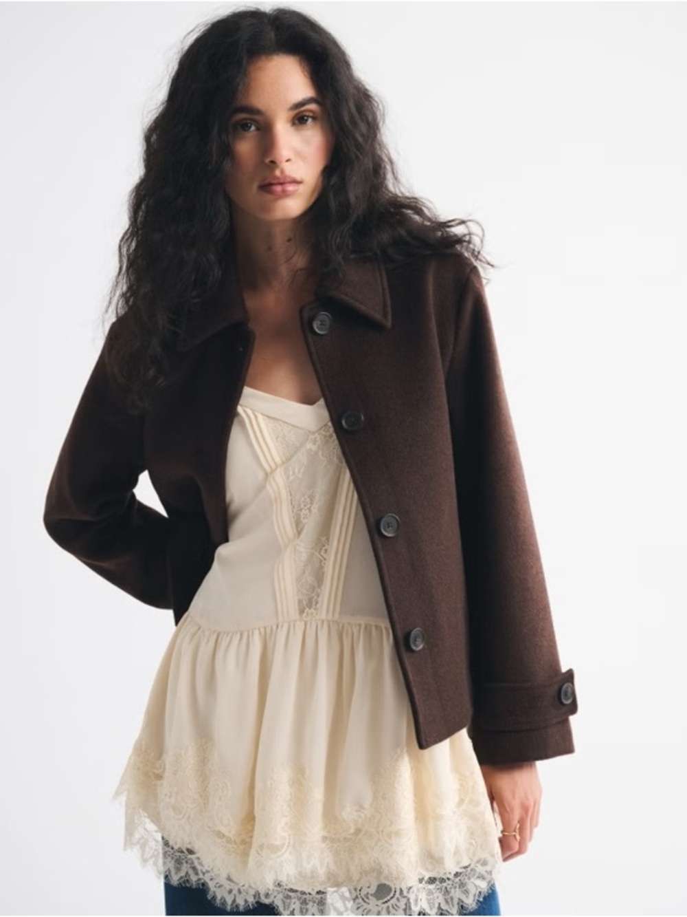 Womens Brown Wool-Blend Button Front Coat